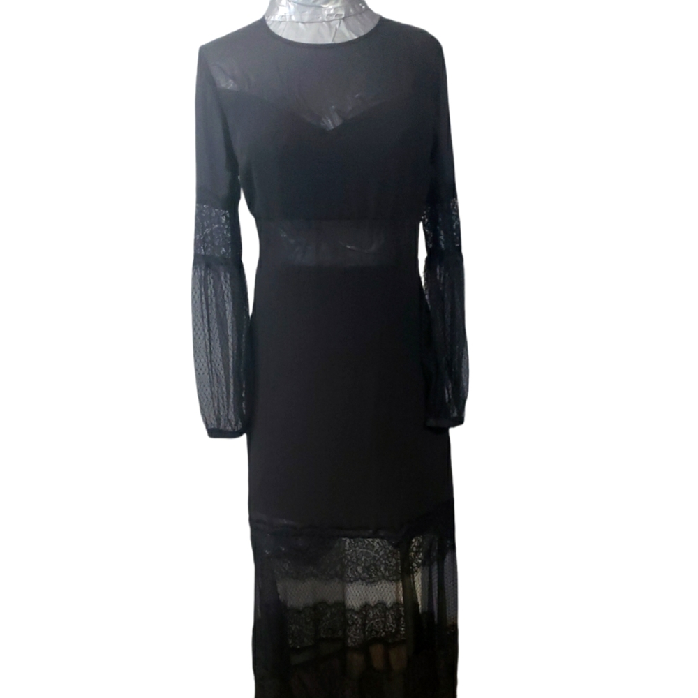 Express sheer mesh lace polka-dot long black maxi dress size 12
